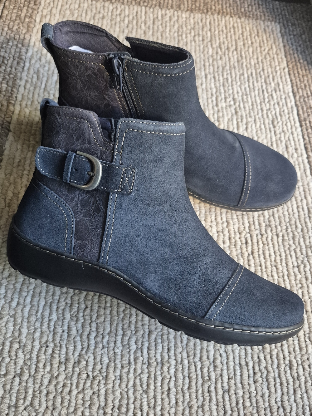 Clarks Navy Suede Ankle Boot with Side Buckle